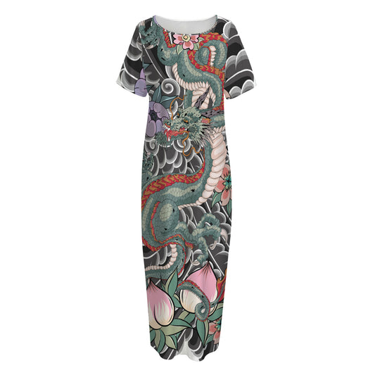 Green Japanese Dragon Tattoo Print Short Sleeve Long Nightdress