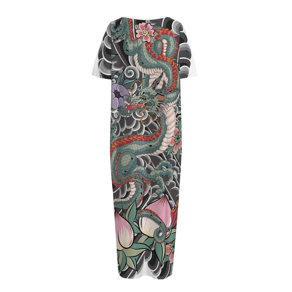 Green Japanese Dragon Tattoo Print Short Sleeve Long Nightdress