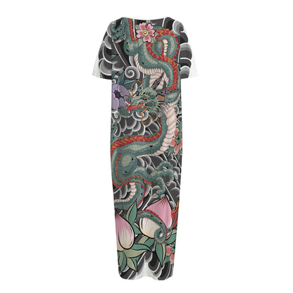 Green Japanese Dragon Tattoo Print Short Sleeve Long Nightdress