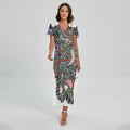 Green Japanese Dragon Tattoo Print Short Sleeve Maxi Dress