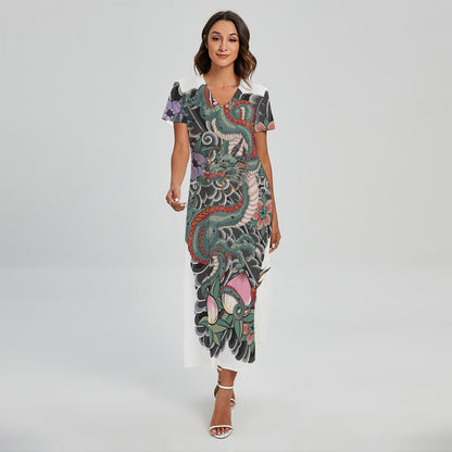 Green Japanese Dragon Tattoo Print Short Sleeve Maxi Dress