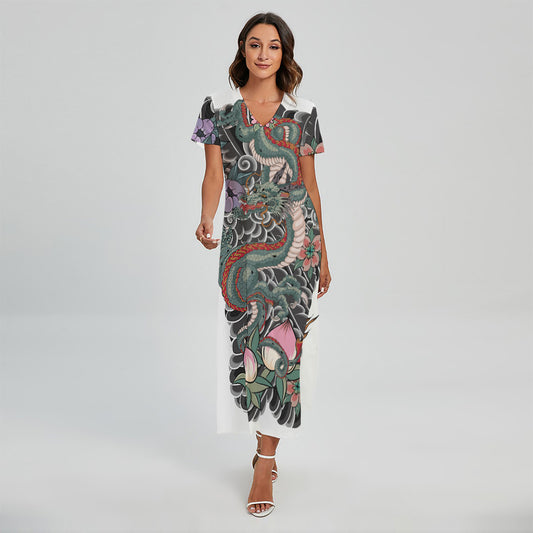 Green Japanese Dragon Tattoo Print Short Sleeve Maxi Dress