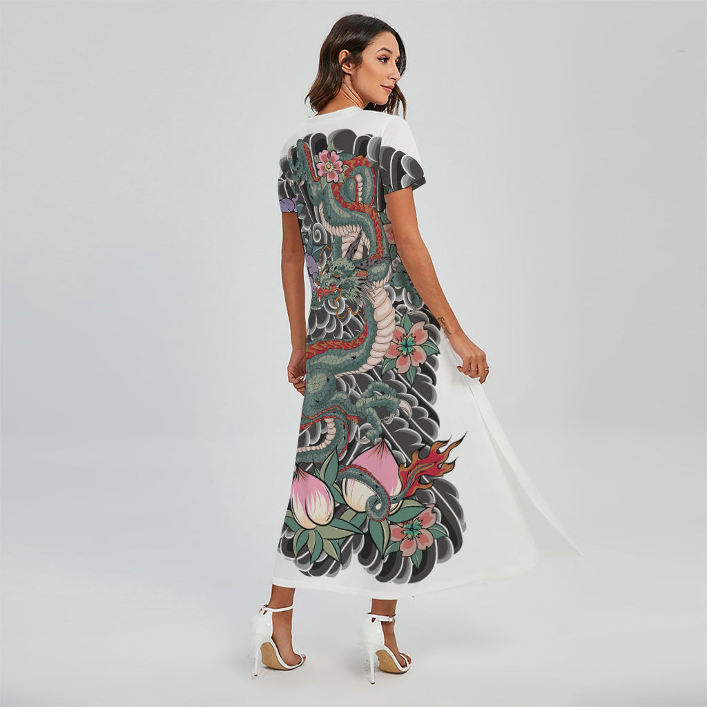 Green Japanese Dragon Tattoo Print Short Sleeve Maxi Dress