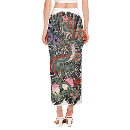 Green Japanese Dragon Tattoo Print Side Slit Maxi Skirt