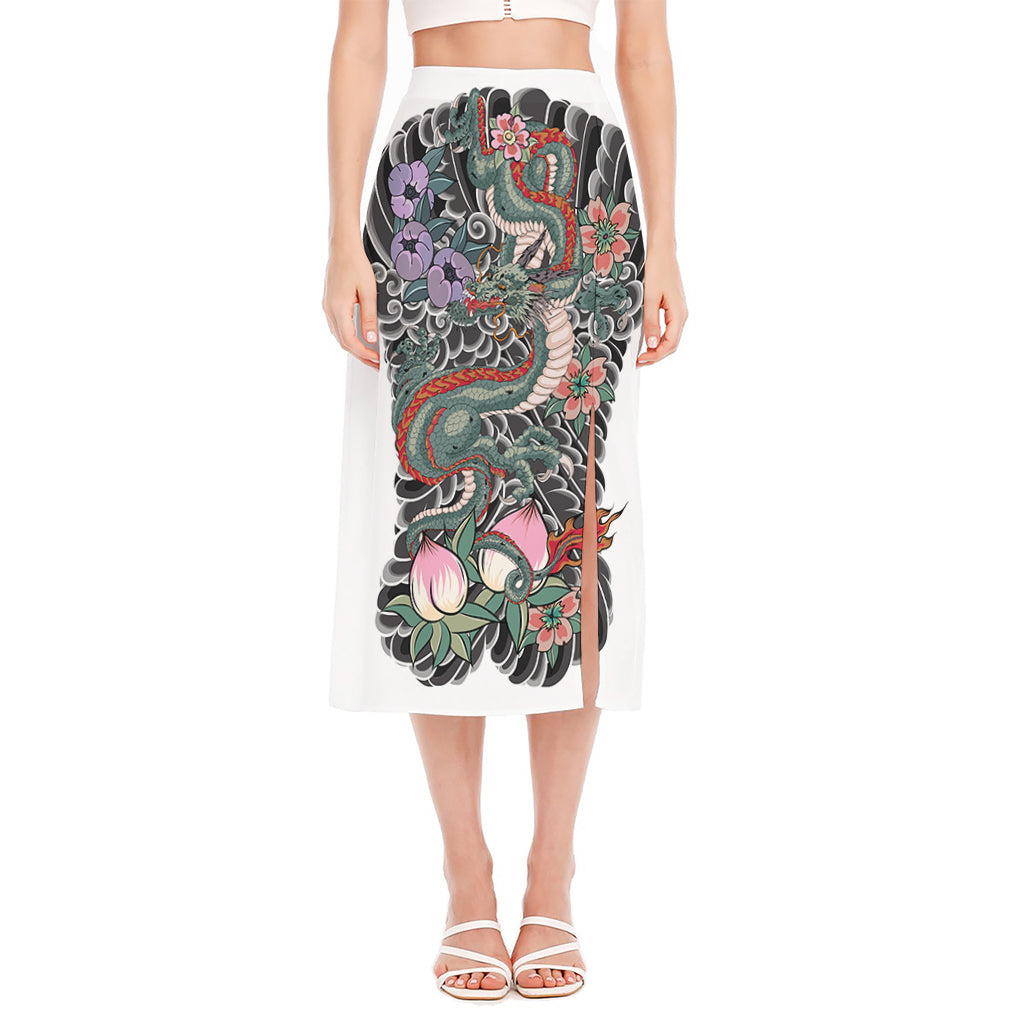 Green Japanese Dragon Tattoo Print Side Slit Midi Skirt