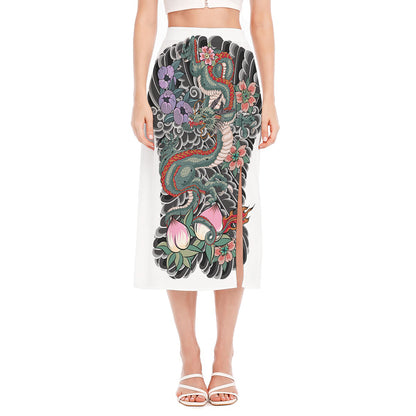 Green Japanese Dragon Tattoo Print Side Slit Midi Skirt
