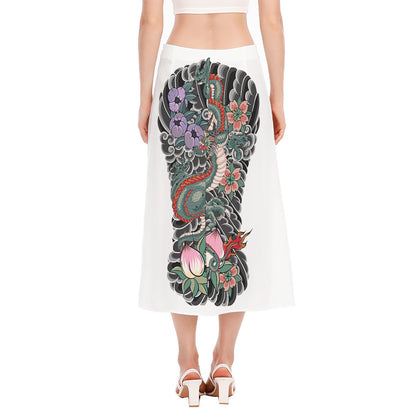 Green Japanese Dragon Tattoo Print Side Slit Midi Skirt