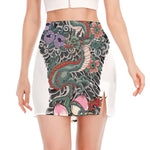Green Japanese Dragon Tattoo Print Side Slit Mini Skirt
