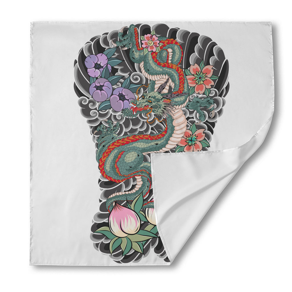 Green Japanese Dragon Tattoo Print Silk Bandana