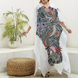 Green Japanese Dragon Tattoo Print Silk V-Neck Kaftan Dress