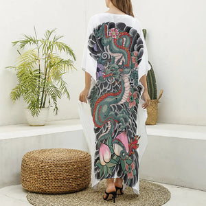 Green Japanese Dragon Tattoo Print Silk V-Neck Kaftan Dress