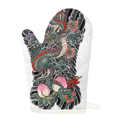 Green Japanese Dragon Tattoo Print Single Oven Mitt