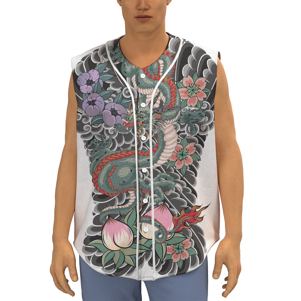 Green Japanese Dragon Tattoo Print Sleeveless Baseball Jersey