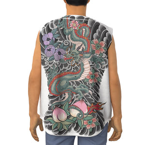 Green Japanese Dragon Tattoo Print Sleeveless Baseball Jersey