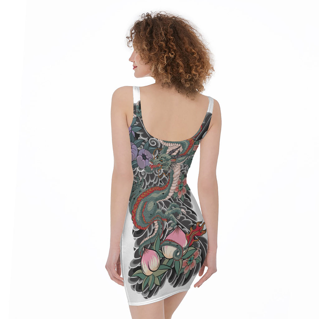 Green Japanese Dragon Tattoo Print Sleeveless Bodycon Dress