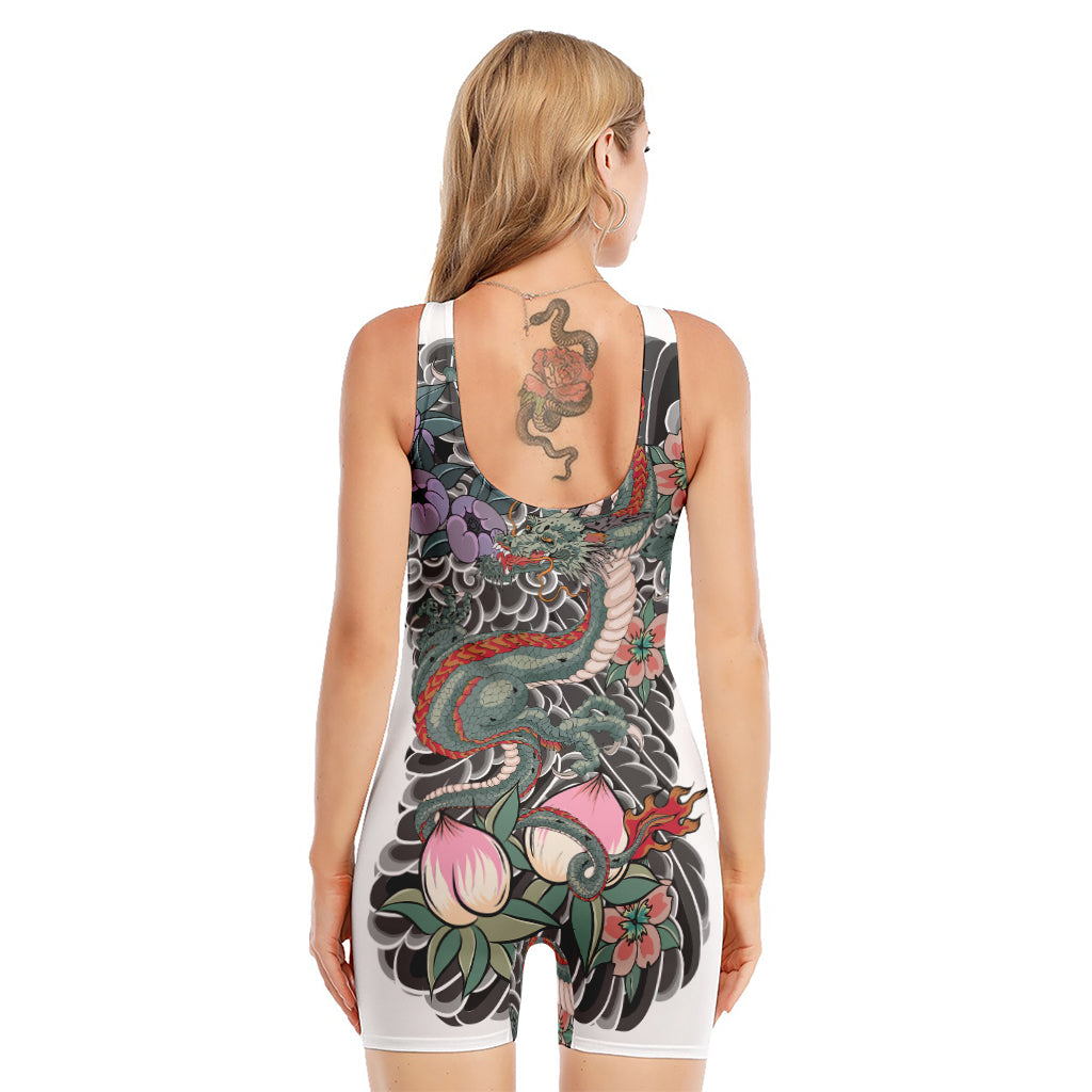 Green Japanese Dragon Tattoo Print Sleeveless One Piece Swimsuit