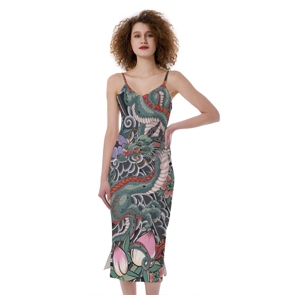 Green Japanese Dragon Tattoo Print Slim Fit Midi Cami Dress