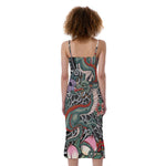 Green Japanese Dragon Tattoo Print Slim Fit Midi Cami Dress