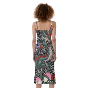 Green Japanese Dragon Tattoo Print Slim Fit Midi Cami Dress