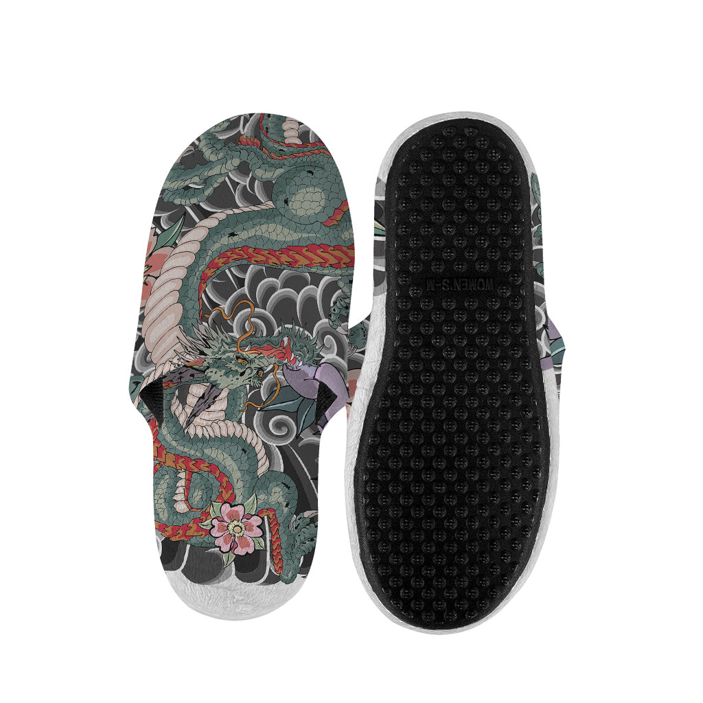 Green Japanese Dragon Tattoo Print Slippers