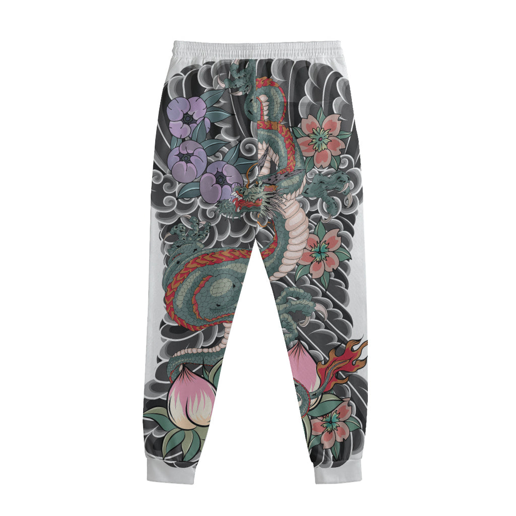 Green Japanese Dragon Tattoo Print Sweatpants