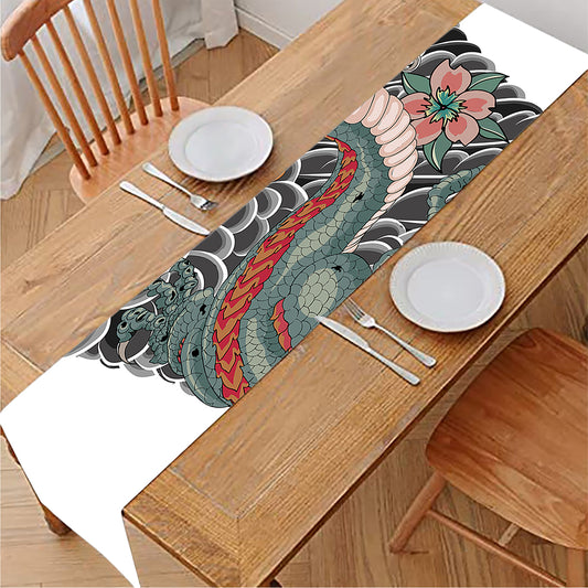Green Japanese Dragon Tattoo Print Table Runner