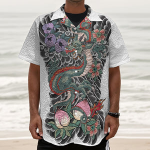 Green Japanese Dragon Tattoo Print Textured Short Sleeve Shirt