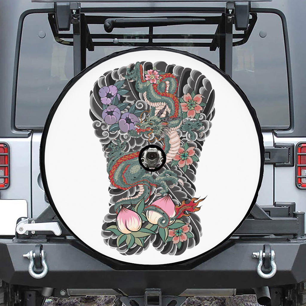 Green Japanese Dragon Tattoo Print Tire Cover With Camera Hole