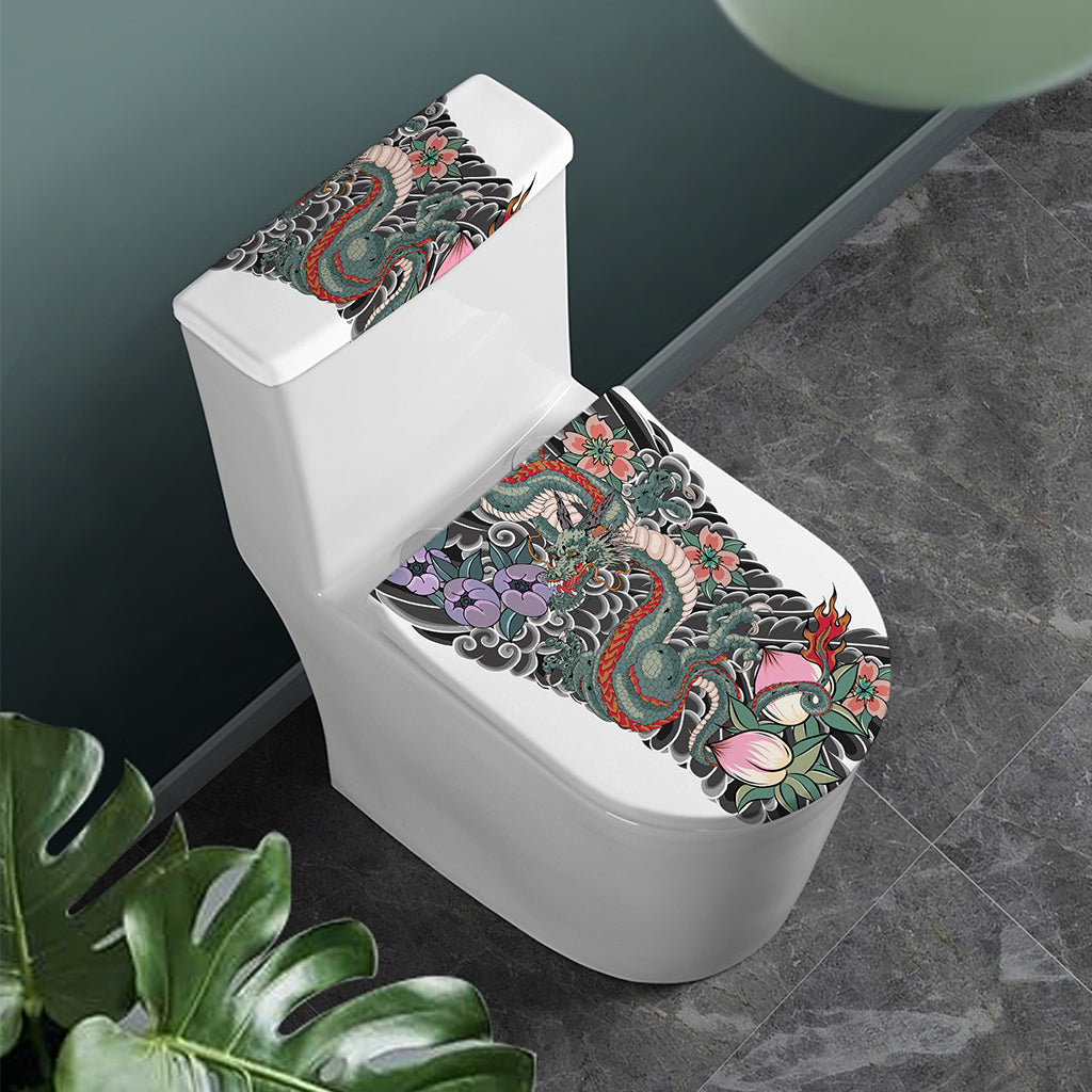 Green Japanese Dragon Tattoo Print Toilet Lid And Tank Cover Set