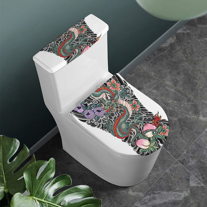 Green Japanese Dragon Tattoo Print Toilet Lid And Tank Cover Set