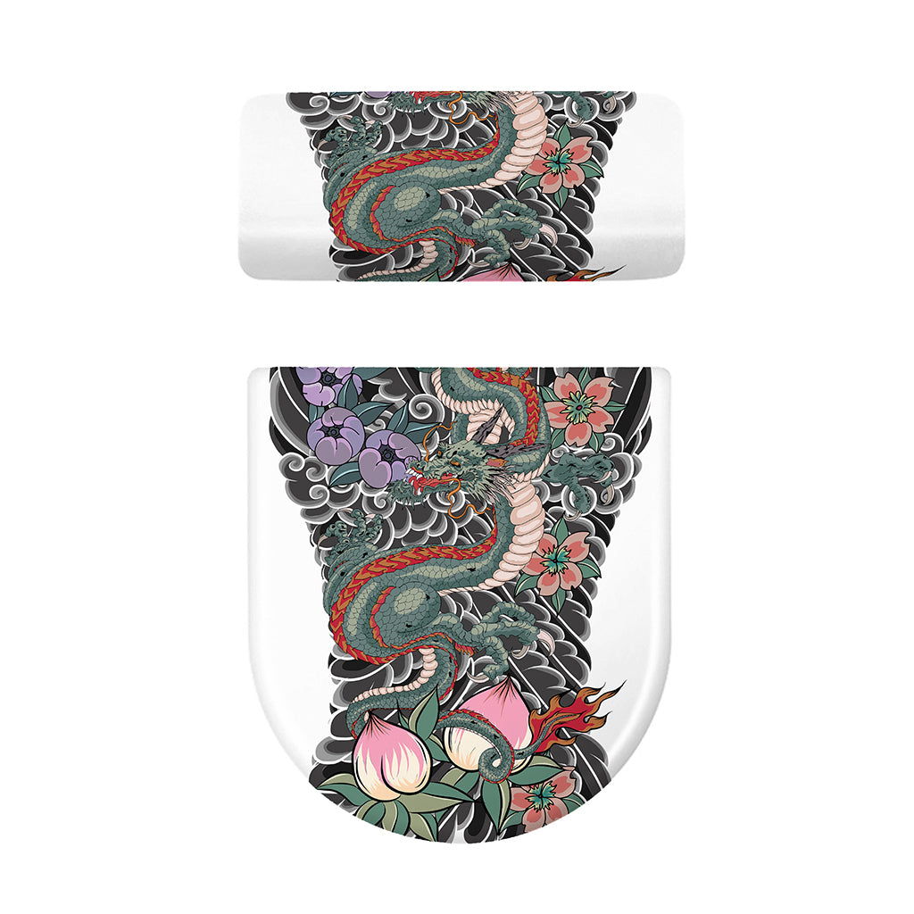 Green Japanese Dragon Tattoo Print Toilet Lid And Tank Cover Set