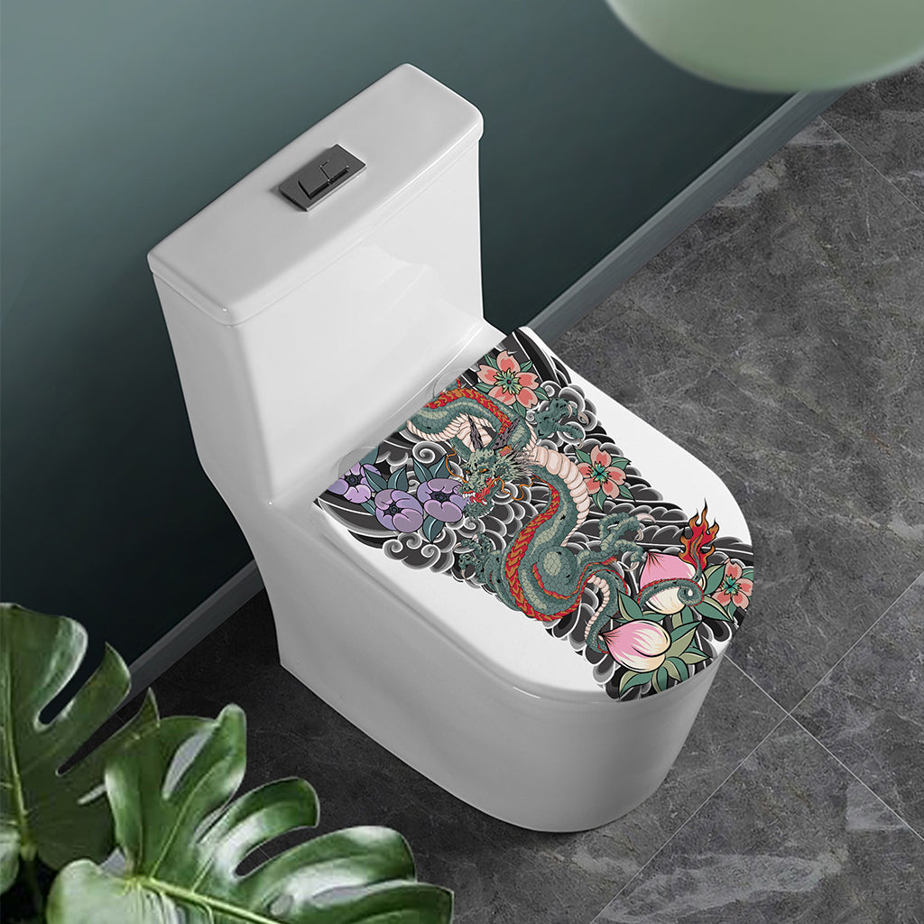 Green Japanese Dragon Tattoo Print Toilet Lid Cover