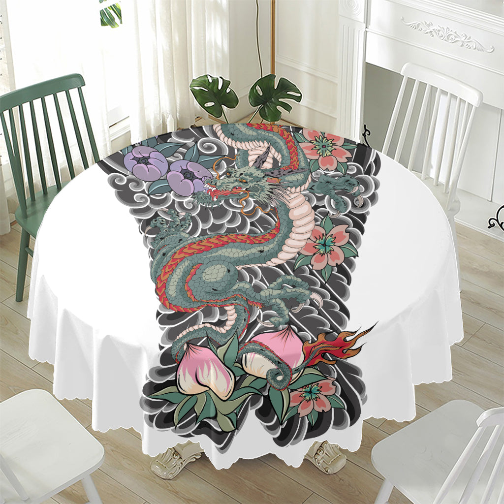 Green Japanese Dragon Tattoo Print Waterproof Round Tablecloth