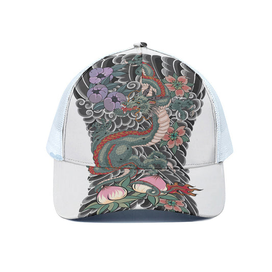 Green Japanese Dragon Tattoo Print White Mesh Trucker Cap