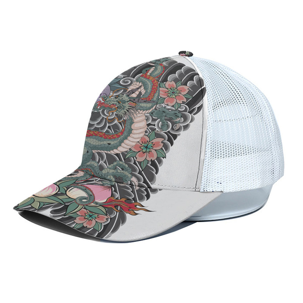 Green Japanese Dragon Tattoo Print White Mesh Trucker Cap