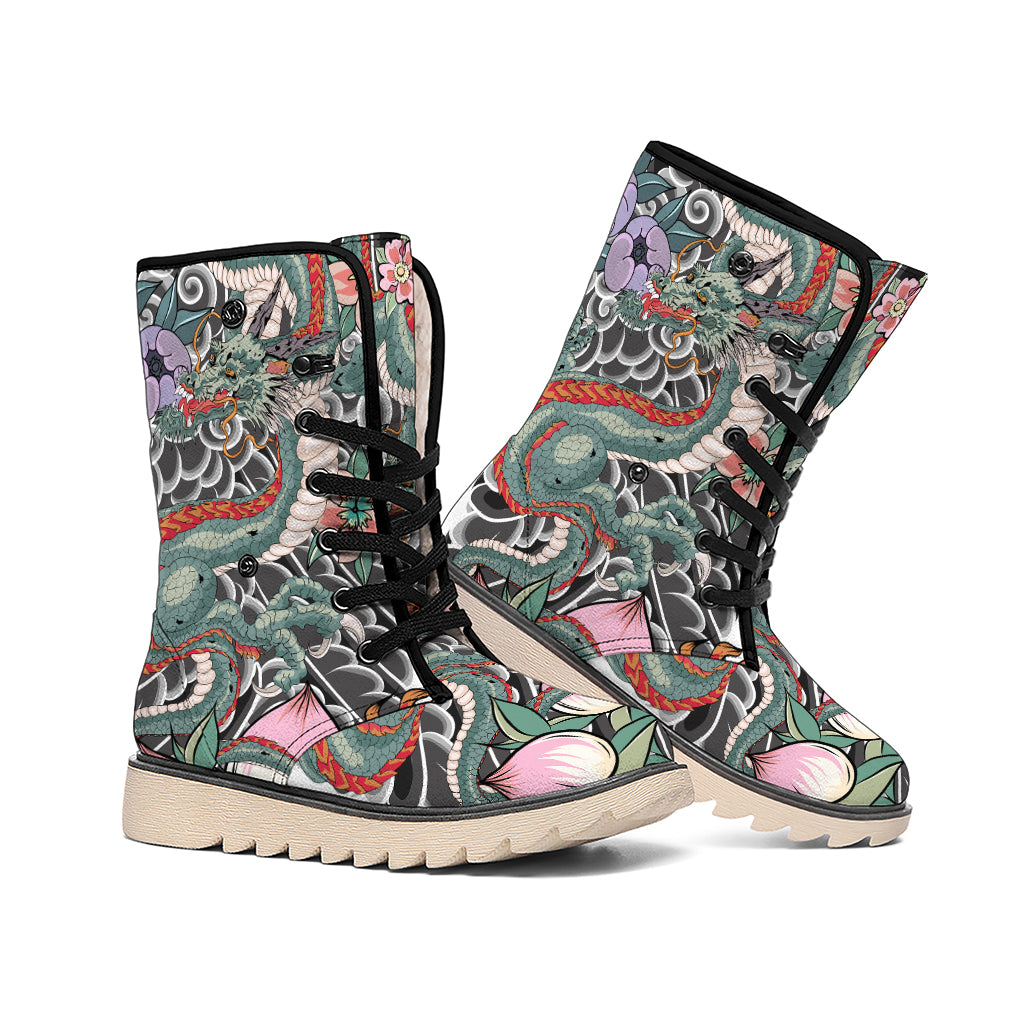 Green Japanese Dragon Tattoo Print Winter Boots