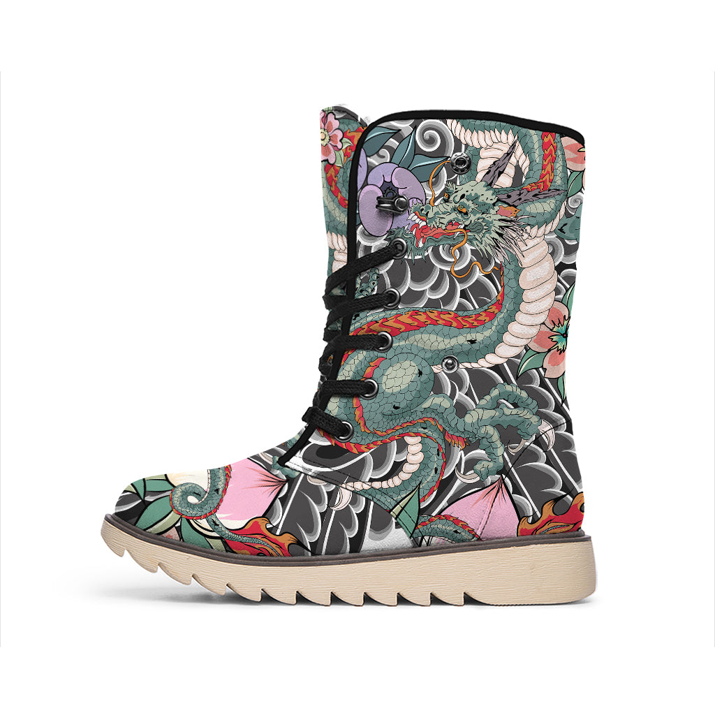 Green Japanese Dragon Tattoo Print Winter Boots