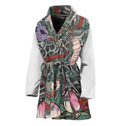Green Japanese Dragon Tattoo Print Women's Bathrobe