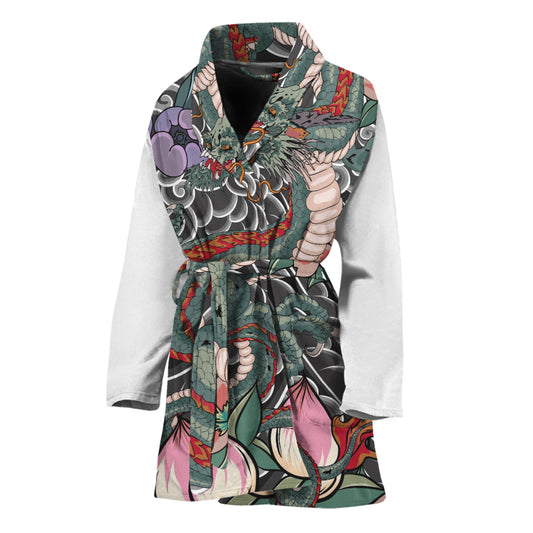 Green Japanese Dragon Tattoo Print Women's Bathrobe
