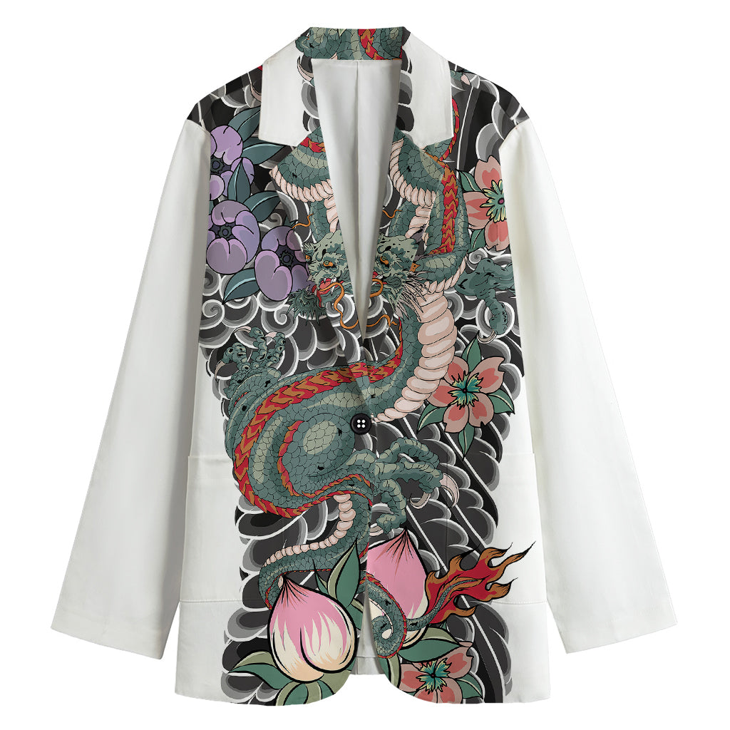 Green Japanese Dragon Tattoo Print Women's Blazer