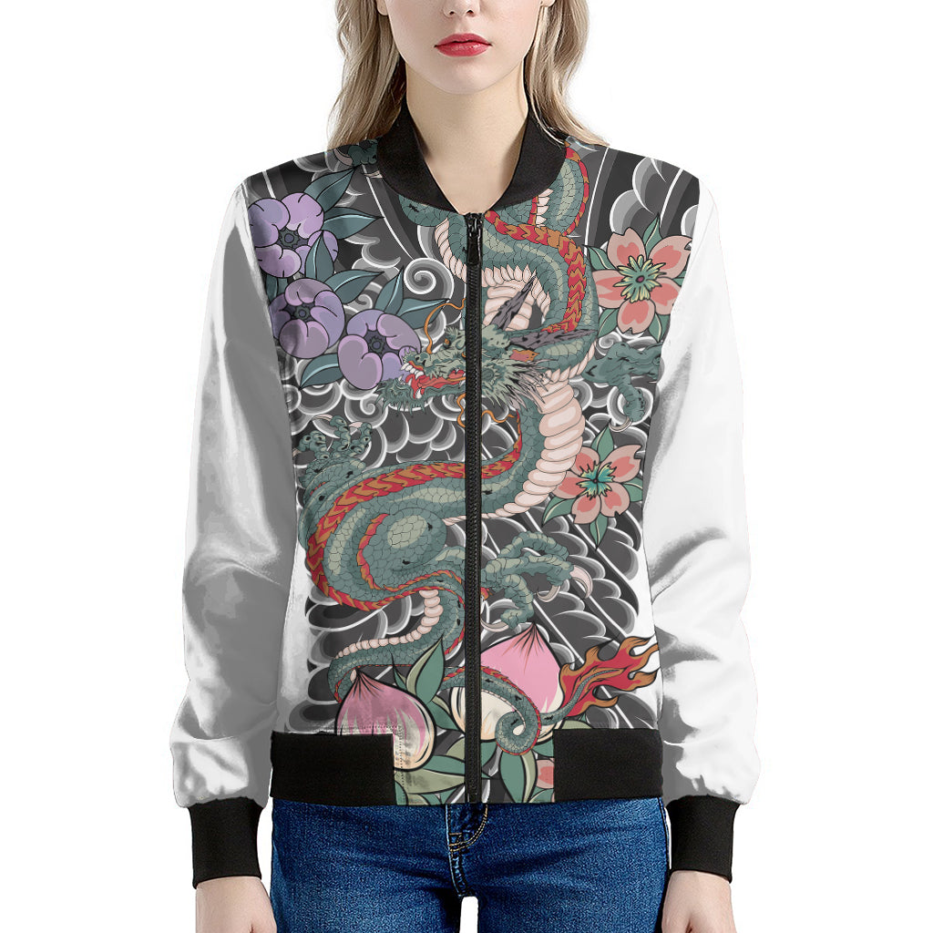 Green Japanese Dragon Tattoo Print Women's Bomber Jacket