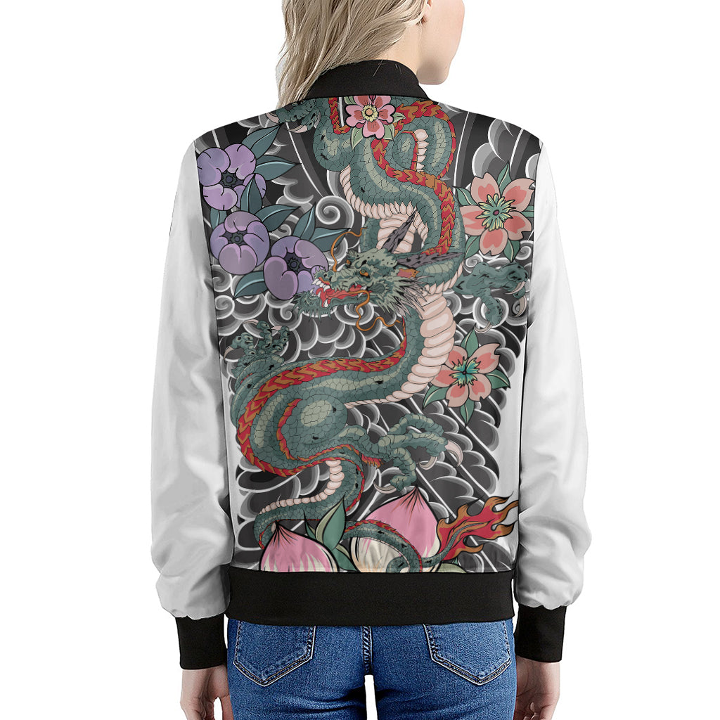 Green Japanese Dragon Tattoo Print Women's Bomber Jacket