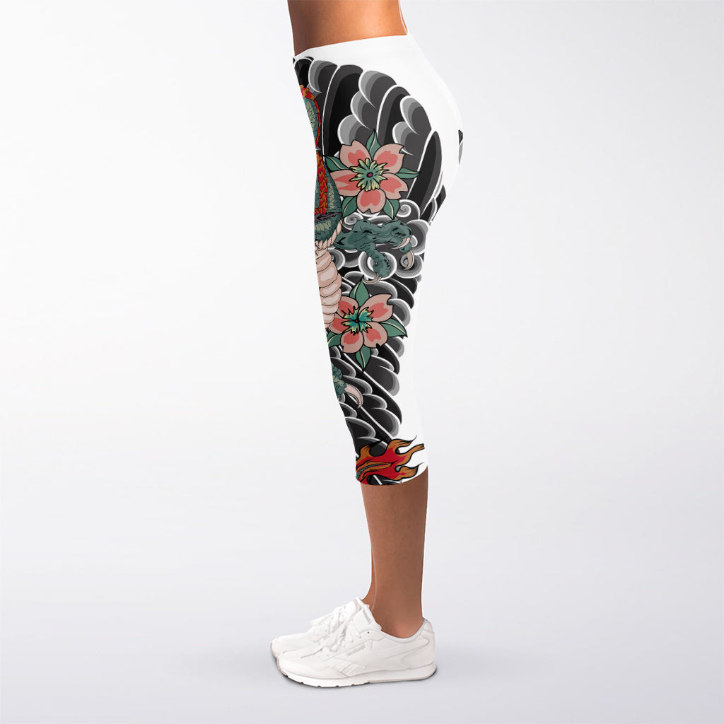 Green Japanese Dragon Tattoo Print Women's Capri Leggings