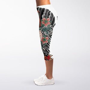 Green Japanese Dragon Tattoo Print Women's Capri Leggings