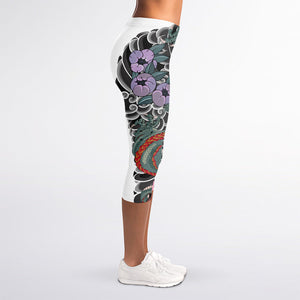 Green Japanese Dragon Tattoo Print Women's Capri Leggings