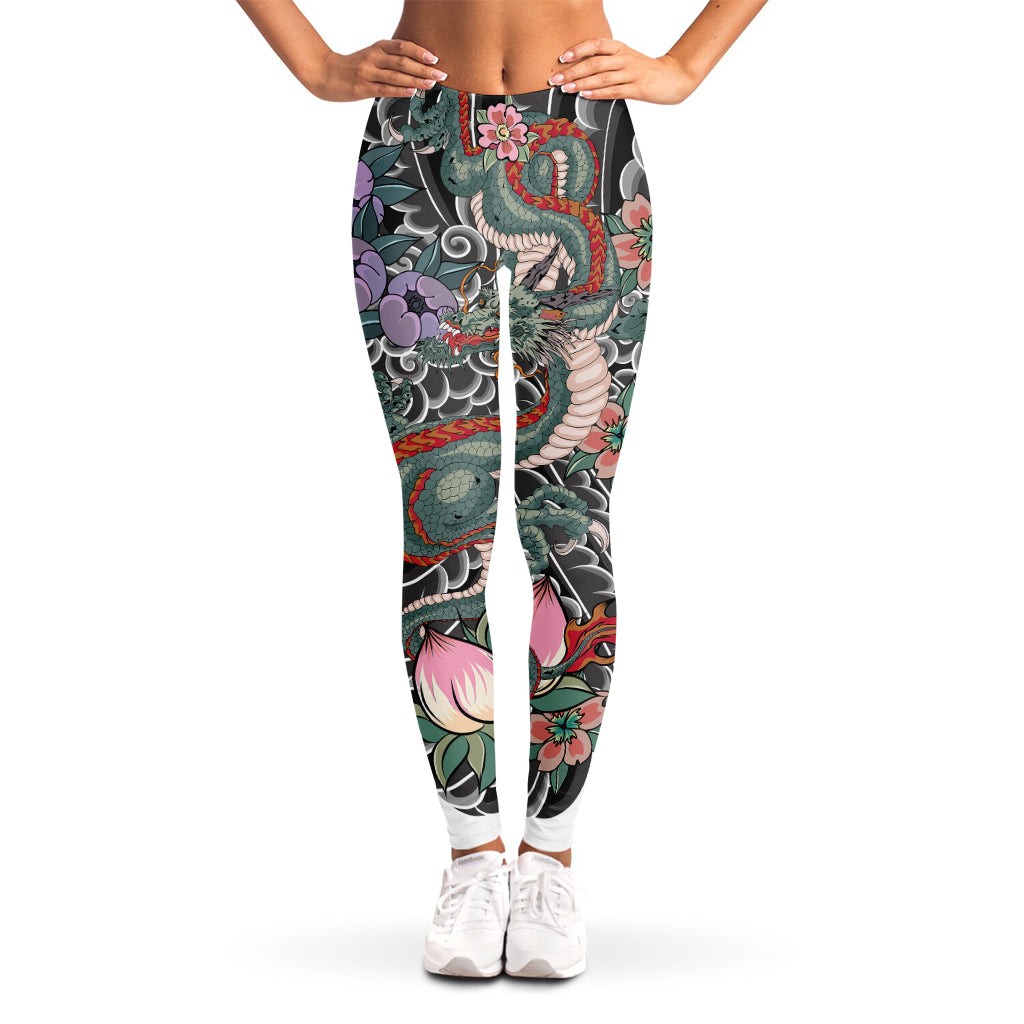 Green Japanese Dragon Tattoo Print Women's Leggings
