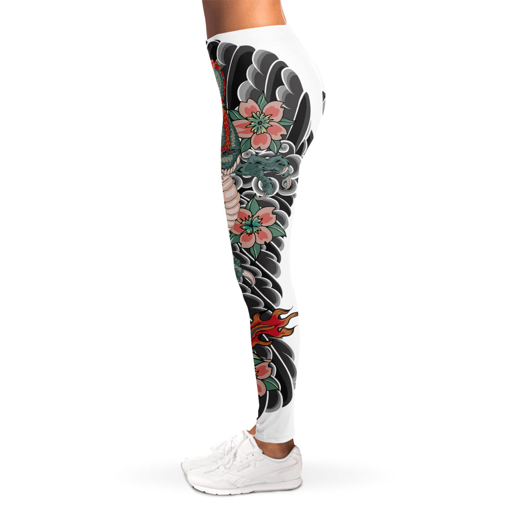 Green Japanese Dragon Tattoo Print Women's Leggings