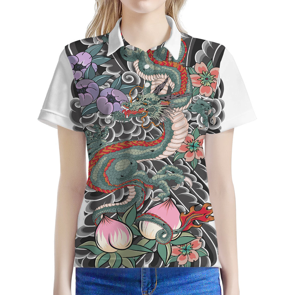 Green Japanese Dragon Tattoo Print Women's Polo Shirt