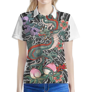 Green Japanese Dragon Tattoo Print Women's Polo Shirt