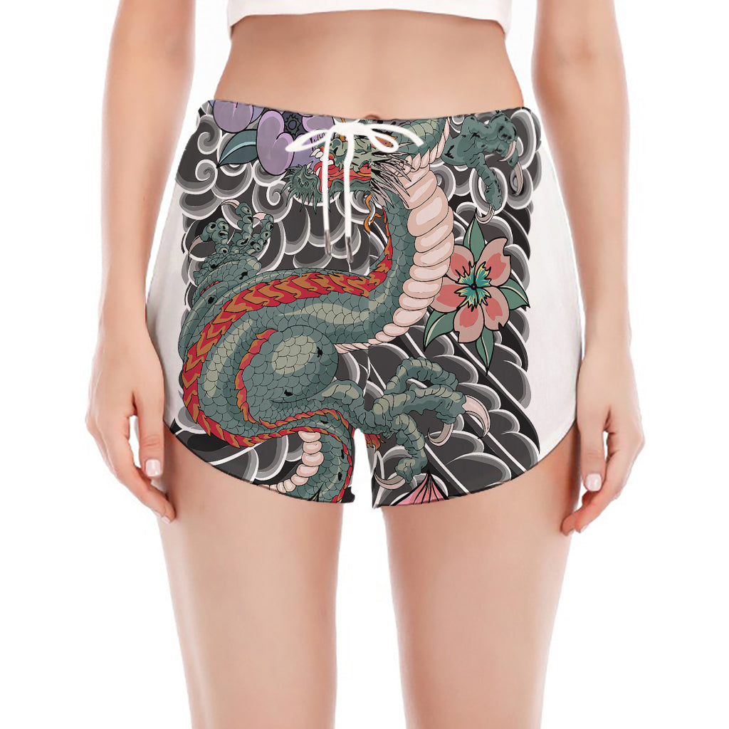 Green Japanese Dragon Tattoo Print Women's Split Running Shorts